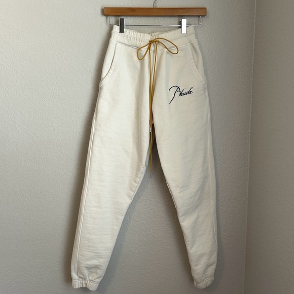 Rhude Men’s Embroidered Logo Loopback Cotton Jersey Sweatpants in Cream, Small - Picture 2 of 13